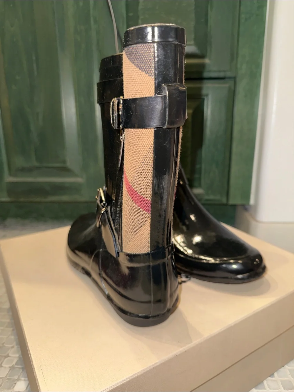 Burberry Black & Tan Patent Check Rain Boots with Buckles